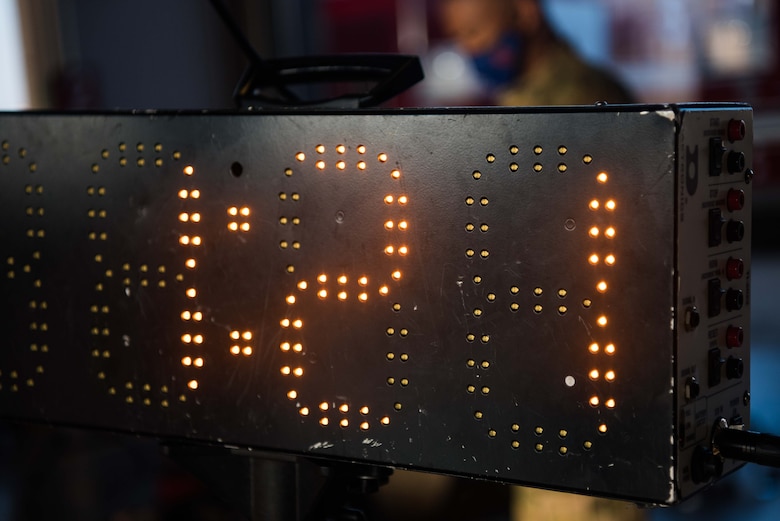 A stop clock tracks the time of teams participating in the 2020 Fire Muster competition Oct. 8, at McConnell Air Force Base, Kansas. A total of seven teams competed for the title of McConnell Fire Muster Champion. (U.S. Air Force photo by Senior Airman Alexi Bosarge)