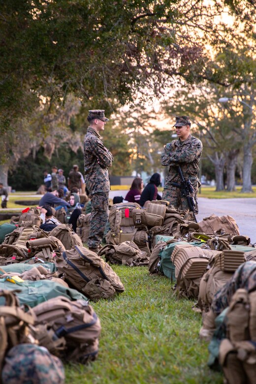U.S. Marines with II Marine Expeditionary Force on Camp Lejeune, N.C., prepare for departure to Marine Expeditionary Force Exercise 21.1 taking place on Fort A.P. Hill, Va., Oct. 9, 2020. MEFEX 21.1 is a MEF level exercise consisting of approximately 1,200 Marines and sailors across the eastern United States. The exercise is structured to simulate a deployed environment, reinforce command and control, and maintain the warfighting ability of II MEF to train, fight, and win in every clime and place. (U.S. Marine Corps photo by Sgt. Austyn Saylor)