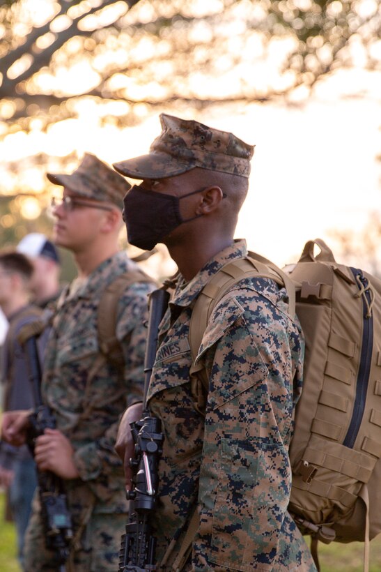 U.S. Marines with II Marine Expeditionary Force on Camp Lejeune, N.C., prepare for departure to Marine Expeditionary Force Exercise 21.1 taking place on Fort A.P. Hill, Va., Oct. 9, 2020. MEFEX 21.1 is a MEF level exercise consisting of approximately 1,200 Marines and sailors across the eastern United States. The exercise is structured to simulate a deployed environment, reinforce command and control, and maintain the warfighting ability of II MEF to train, fight, and win in every clime and place. (U.S. Marine Corps photo by Sgt. Austyn Saylor)