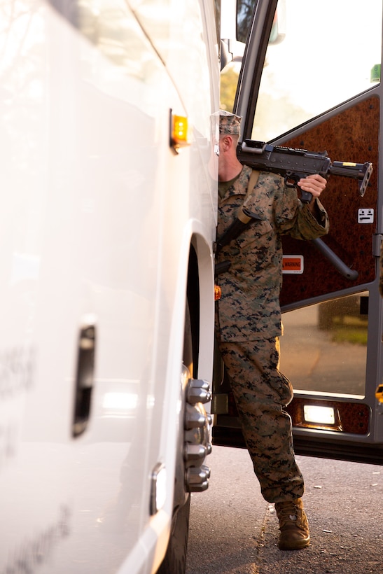 U.S. Marines with II Marine Expeditionary Force on Camp Lejeune, N.C., prepare for departure to Marine Expeditionary Force Exercise 21.1 taking place on Fort A.P. Hill, Va., Oct. 9, 2020. MEFEX 21.1 is a MEF level exercise consisting of approximately 1,200 Marines and sailors across the eastern United States. The exercise is structured to simulate a deployed environment, reinforce command and control, and maintain the warfighting ability of II MEF to train, fight, and win in every clime and place. (U.S. Marine Corps photo by Sgt. Austyn Saylor)