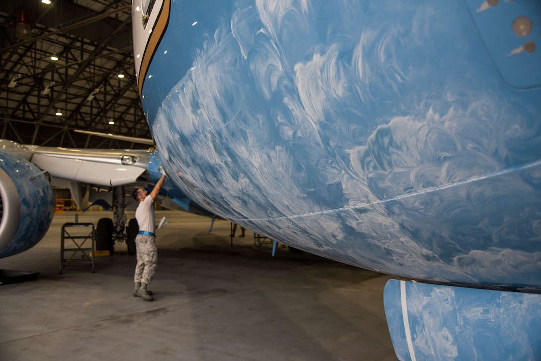 Citizen Airmen, 932nd Aircraft Maintenance Squadron, wash a C-40C, at Scott Air Force Base, Illinois, Sept. 9, 2020. They washed the aircraft to meet mission readiness requirements. (U.S. Air Force photo by Senior Airman Brooke Spenner)