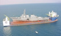 USS Cole (DDG 67) sits on Norwegian heavy transport ship M/V Blue Marlin's deck as the two ships ready for their transit around the tip of Africa and across the Atlantic Ocean to the United States.