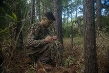 Lance Cpl. Bain A. Vantilburg, a scout with the scout sniper platoon of 1st Battalion, 6th Marine Regiment, 2nd Marine Division, poses for a photo on Camp Lejeune, N.C., Oct. 7, 2020. Vantilburg, a native of Otsego, Mich., was chosen as 2d MARDIV's Motivator of the Week for being the top performer during screening in the scout sniper platoon and his immense knowledge and understanding of stalking and land navigation. (U.S. Marine Corps photo by Cpl. Nathaniel Q. Hamilton)