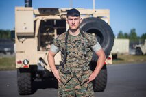 Cpl. Austin L. Leng, a radio repairman with Marine Wing Communication Squadron 28, Marine Air Control Group 28, 2nd Marine Aircraft Wing, poses for a photo at Marine Corps Air Station Cherry Point, N.C., October 7, 2020. “Leadership to me is being able to lead by setting the example and standards for others to follow, while also understanding others weaknesses to help build them and future Marines,” said Leng, a native of Johnson, Iowa. According to his leadership, Leng exhibits the leadership traits and characteristics that is demanded as an NCO. Leng is highly respected as a Marine and exemplifies [our] Corps values. (U.S. Marine Corps photo by Cpl. Damaris Arias)
