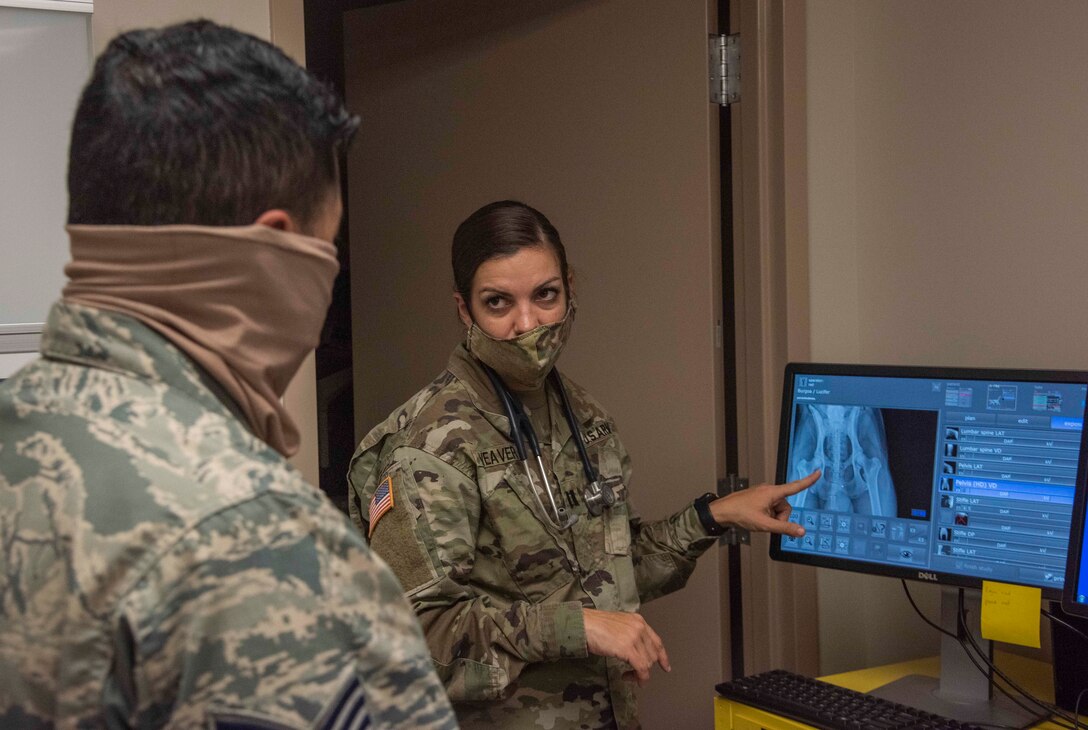 Staff Sgt. Christopher Burgoa, 336th Fighter Squadron avionics technician craftsman, discussed the X-Rays of his dog, Lucifer, with the veterinarian at Seymour Johnson Air Force Base, North Carolina, Sept. 29, 2020. The veterinarian explained that although Lucifer may be limping, his bones and joints seem to be in good condition. (U.S. Air Force photo by Senior Airman Kylee Gardner)