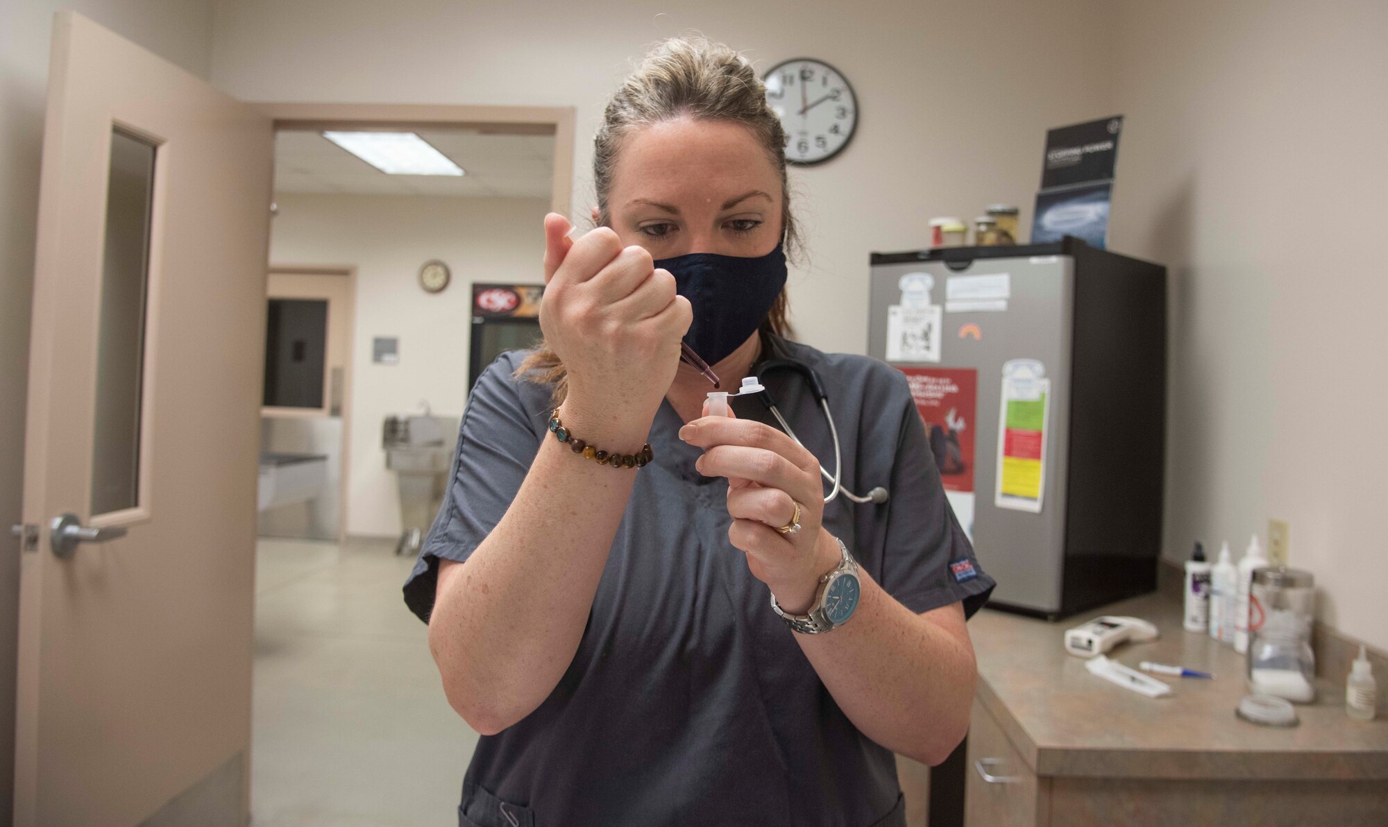Heather Leighton, veterinary technician, takes blood from a dog at Seymour Johnson Air Force Base, North Carolina, Sept. 29, 2020. Leighton conducts a typical protocol blood test to ensure the animal doesn’t have any diseases. (U.S. Air Force photo by Senior Airman Kylee Gardner)