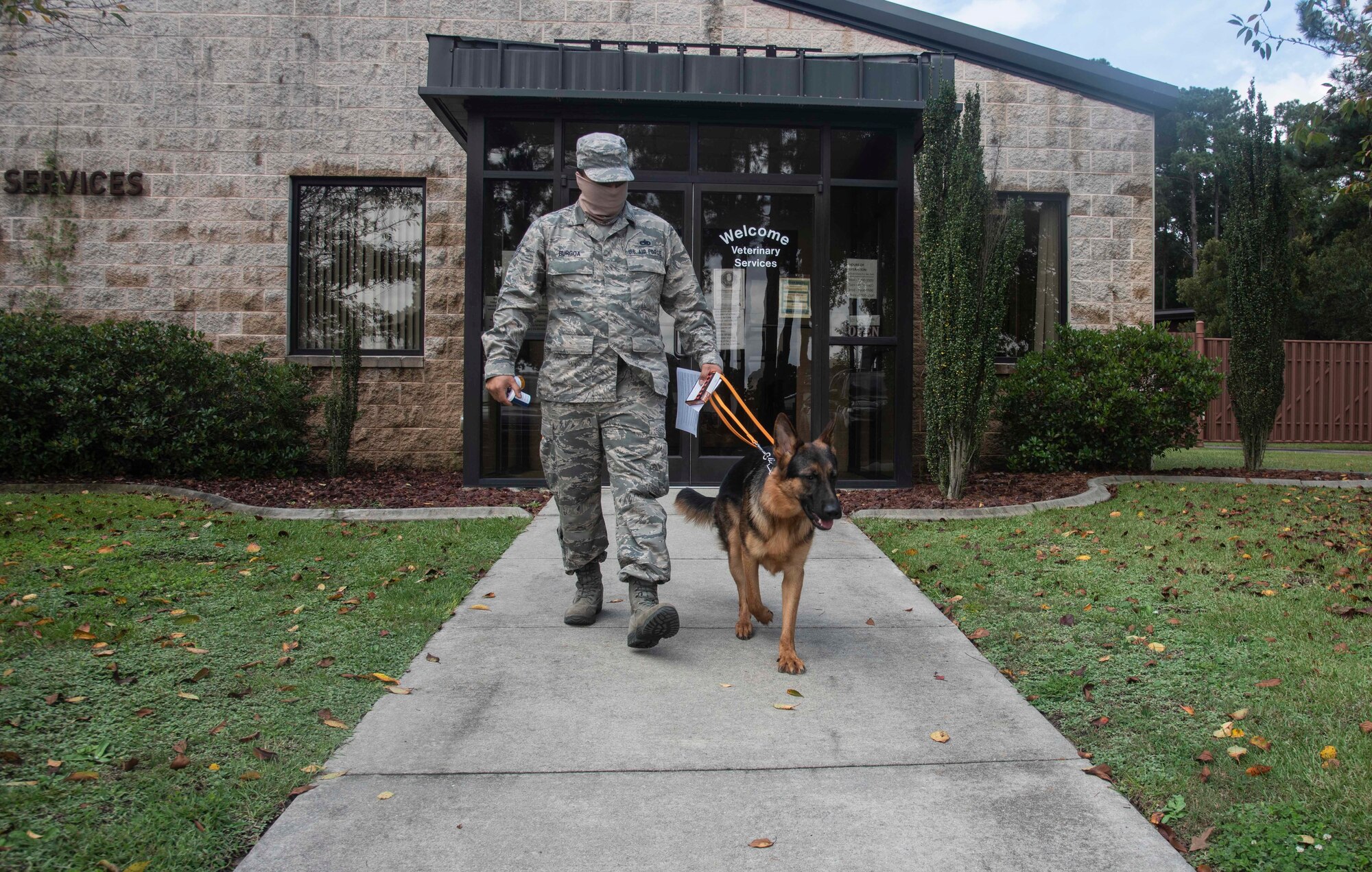 Staff Sgt. Christopher Burgoa, 336th Fighter Squadron avionics technician craftsman, walks his dog, Lucifer, out of the base veterinary clinic after their appointment at Seymour Johnson Air Force Base, North Carolina, Sept. 29, 2020. Burgoa took Lucifer into the vet to have his back leg examined, after noticing he had been walking with a limp. (U.S. Air Force photo by Senior Airman Kylee Gardner)