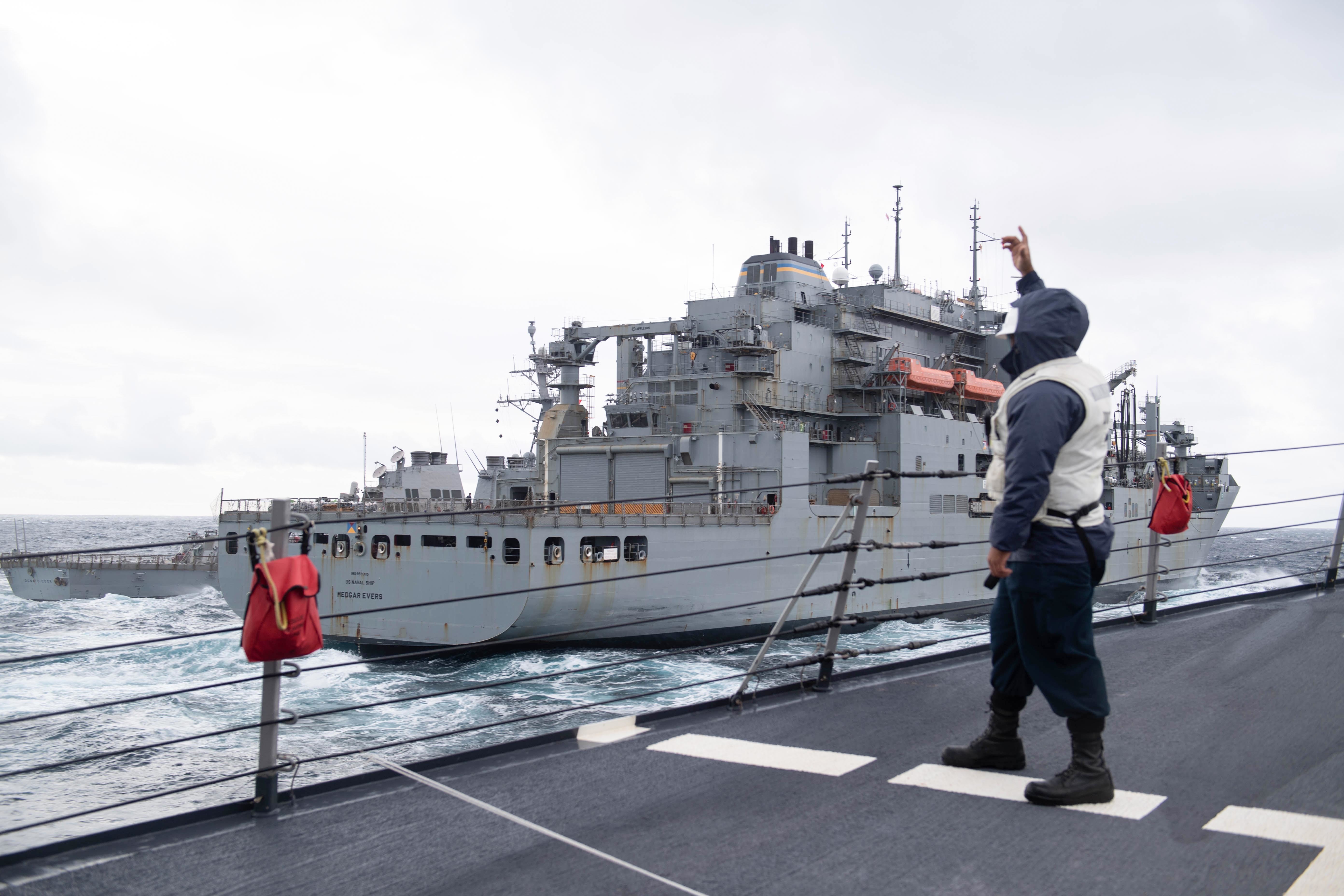 USS Ross (DDG 71) replenishes from USNS Medgar Evers (T-AKE 13) during Exercise Joint Warrior 20-2.