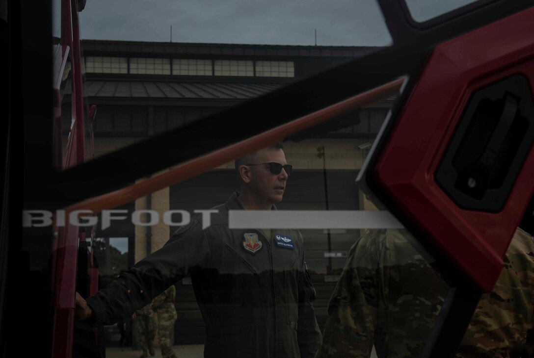 Col. Kurt Helphinstine, 4th Fighter Wing commander takes a tour of the 4th Civil Engineer Squadron fire department’s new firetruck at Seymour Johnson Air Force Base, N.C., Oct. 9, 2020. The new truck is called the “Crash 27”, however, it has been nicknamed the “Bigfoot Response Vehicle” after Helphinstine’s call sign, Bigfoot. (U.S. Air Force photo by Senior Airman Kylee Gardner)