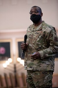 U.S. Air Force Chief Master Sgt. Wendell Snider, 502d Air Base Wing and Joint Base San Antonio command chief, addresses the audience during a commander’s call Sept. 28, 2020, at Joint Base San Antonio-Lackland, Texas.
