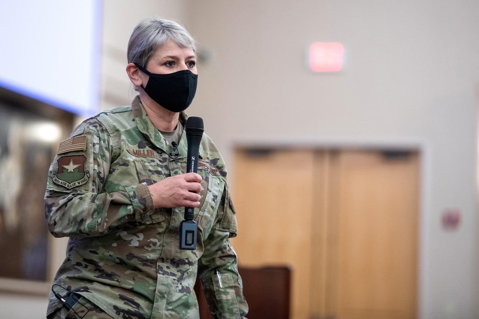 U.S. Air Force Brig. General Caroline M. Miller, 502d Air Base Wing and Joint Base San Antonio commander, addresses the audience during a commander’s call Sept. 28, 2020, at Joint Base San Antonio-Lackland, Texas.