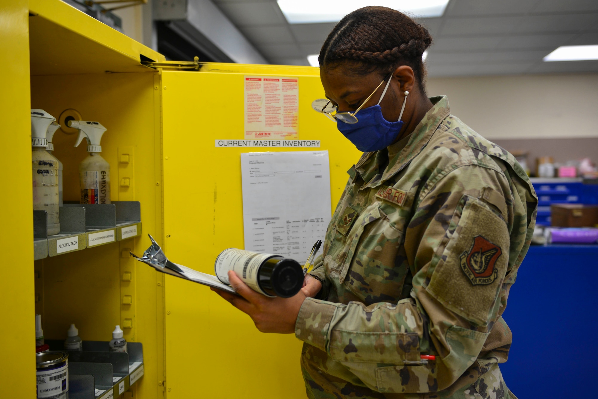 U.S. Air Force Senior Airman Leondranique Lockett, a 354th Maintenance Squadron armament technician, checks inventory at Eielson Air Force Base, Oct. 7, 2020.