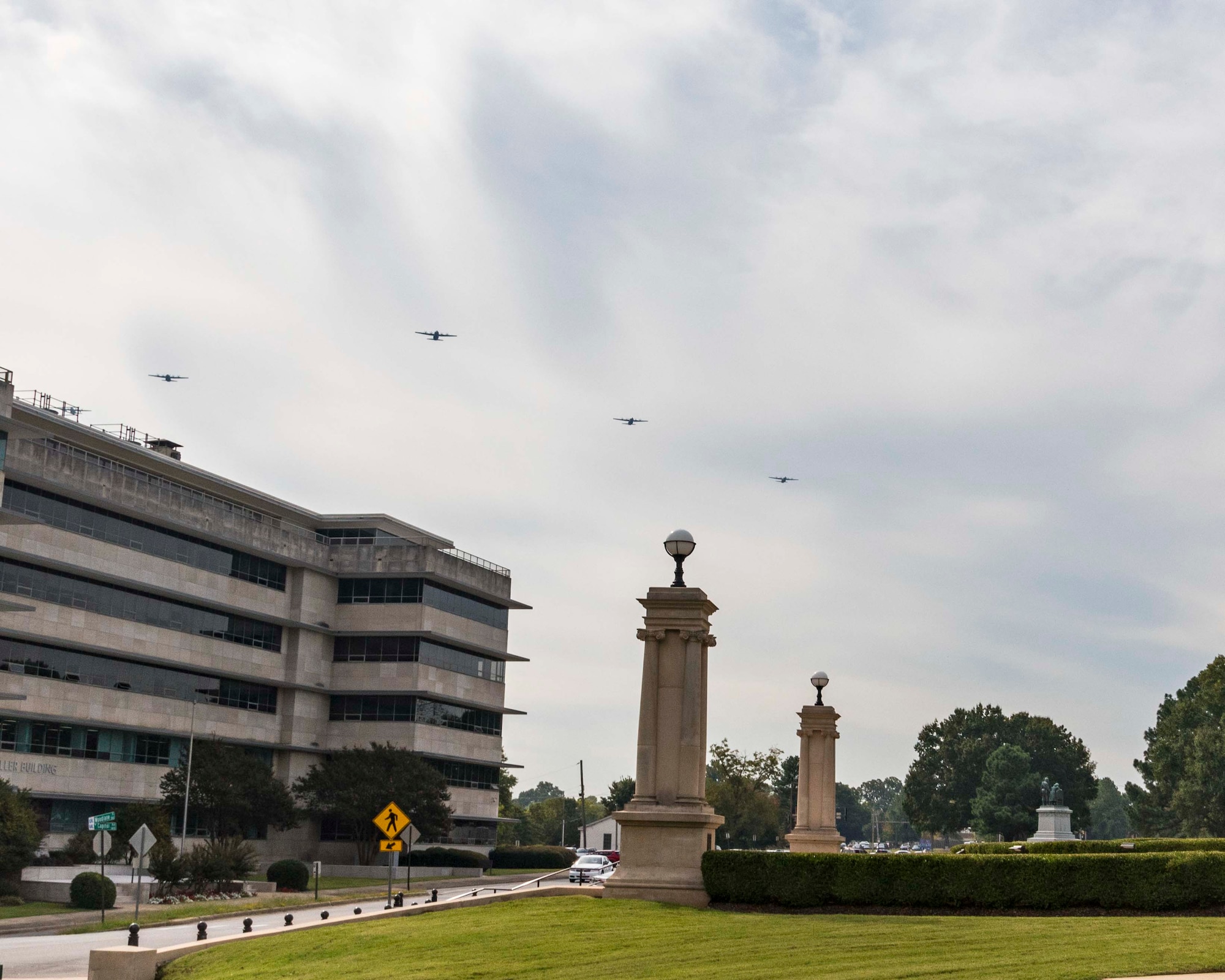 U.S. Air Force C-130s from Little Rock Air Force Base fly over Arkansas, Oct. 8, 2020, in celebration of the 65th anniversary of the base's first open house. The aerial review honored the local community for their unwavering support since 1955. (U.S. Air Force photo by Maj. Ashley Walker)