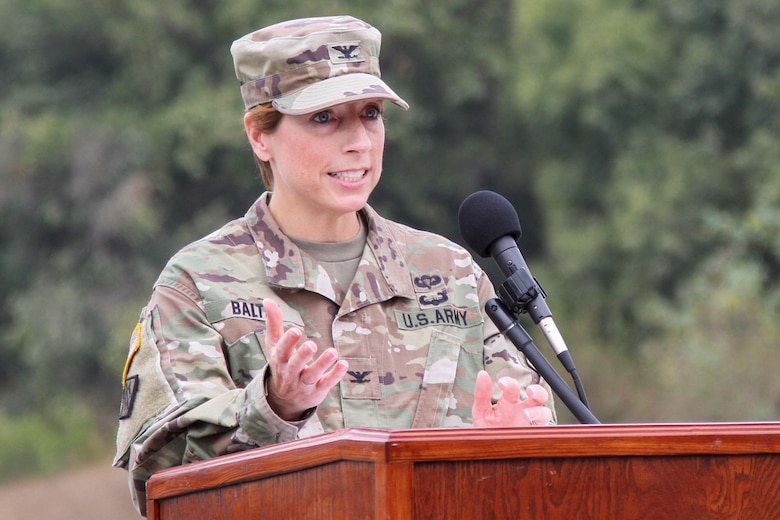 Col. Julie Balten, U.S. Corps of Engineers Los Angeles District commander, speaks to distinguished guests during an Oct. 8 flood-control exercise at the Whittier Narrows Dam Basin, during which the district teamed up with the California Army National Guard to demonstrate sandbag placement from a UH-60 Black Hawk helicopter during a notional flood.