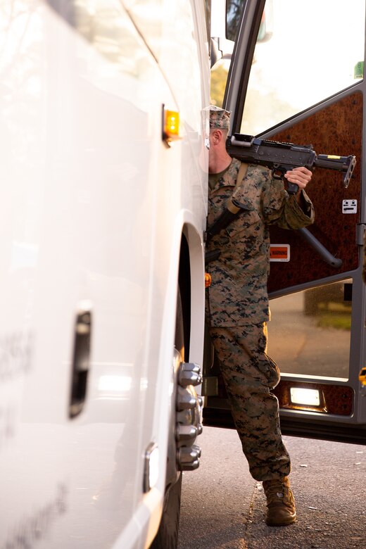 U.S. Marines with II Marine Expeditionary Force on Camp Lejeune, N.C., prepare for departure to Marine Expeditionary Force Exercise 21.1 taking place on Fort A.P. Hill, Va., Oct. 9, 2020. MEFEX 21.1 is a MEF level exercise consisting of approximately 1,200 Marines and sailors across the eastern United States. The exercise is structured to simulate a deployed environment, reinforce command and control, and maintain the warfighting ability of II MEF to train, fight, and win in every clime and place. (U.S. Marine Corps photo by Sgt. Austyn Saylor)