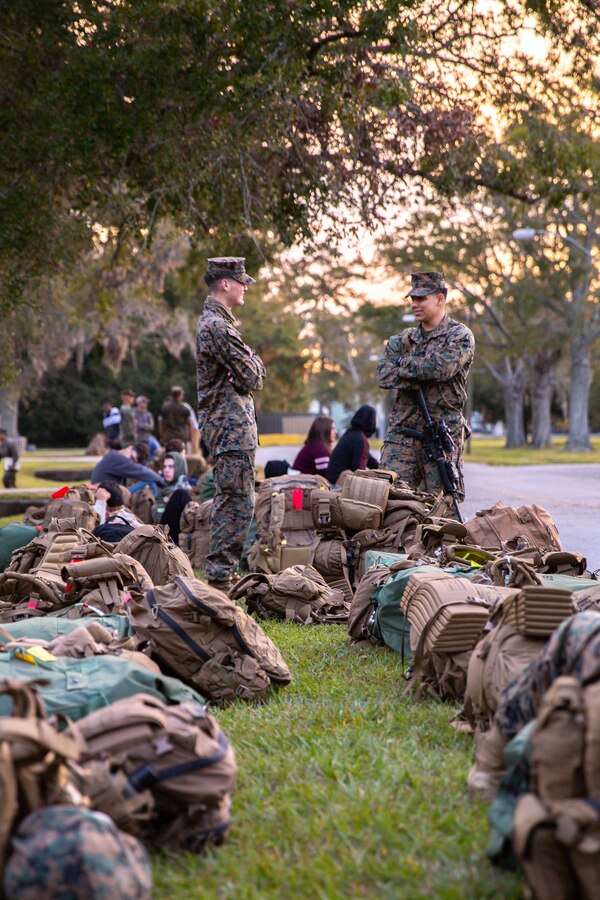 U.S. Marines with II Marine Expeditionary Force on Camp Lejeune, N.C., prepare for departure to Marine Expeditionary Force Exercise 21.1 taking place on Fort A.P. Hill, Va., Oct. 9, 2020. MEFEX 21.1 is a MEF level exercise consisting of approximately 1,200 Marines and sailors across the eastern United States. The exercise is structured to simulate a deployed environment, reinforce command and control, and maintain the warfighting ability of II MEF to train, fight, and win in every clime and place. (U.S. Marine Corps photo by Sgt. Austyn Saylor)