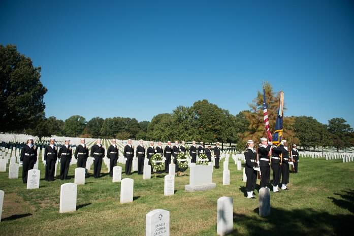 Sailors from the United States Navy Ceremonial Guard take part in a ceremony in Arlington National Cemetery, Arlington, Va., Oct. 12, 2015, to remember the 17 American Sailors killed during the terrorist attack against the USS Cole.