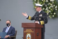 Adm. Christopher Grady, Commander, U.S. Fleet Forces Command, speaks at the Arleigh Burke-class guided missile destroyer USS Cole (DDG 67) 20th Anniversary memorial ceremony at Naval Station Norfolk.