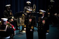 Vice Adm. James Kilby, deputy chief of naval operations, warfighting requirements and capabilities, and Rear Adm. Carl Lahti, commandant of Naval District Washington, participate in a wreath laying ceremony at the Navy Memorial Burke Theater commemorating the 20th anniversary of the attack on the U.S. Navy guided-missile destroyer USS Cole (DDG 67), Oct. 12.