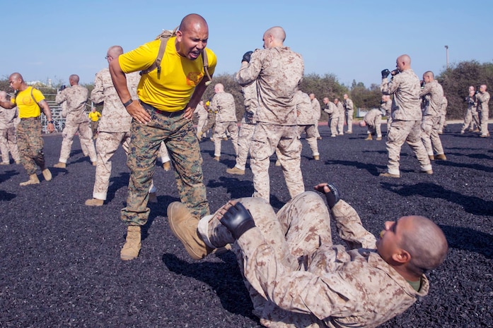 Recruits with Golf Company, 2nd Recruit Training Battalion, participate in a Marine Corps Martial Arts training session at Marine Corps Recruit Depot San Diego, Oct. 5, 2020.