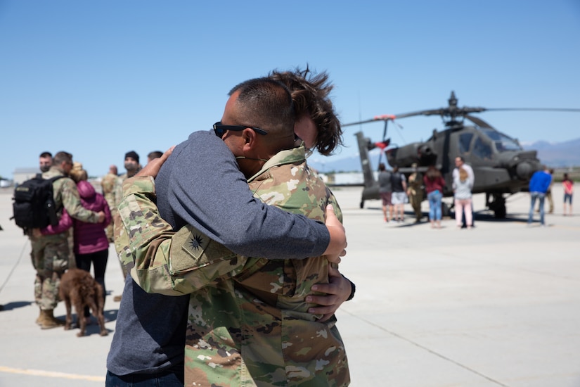 Soldiers assigned to the Utah National Guard's 1st Battalion, 211th Attack Reconnaissance Battalion, Aviation Regiment, depart the Army Aviation Support Facility, West Jordan, Utah, May 7, 2020