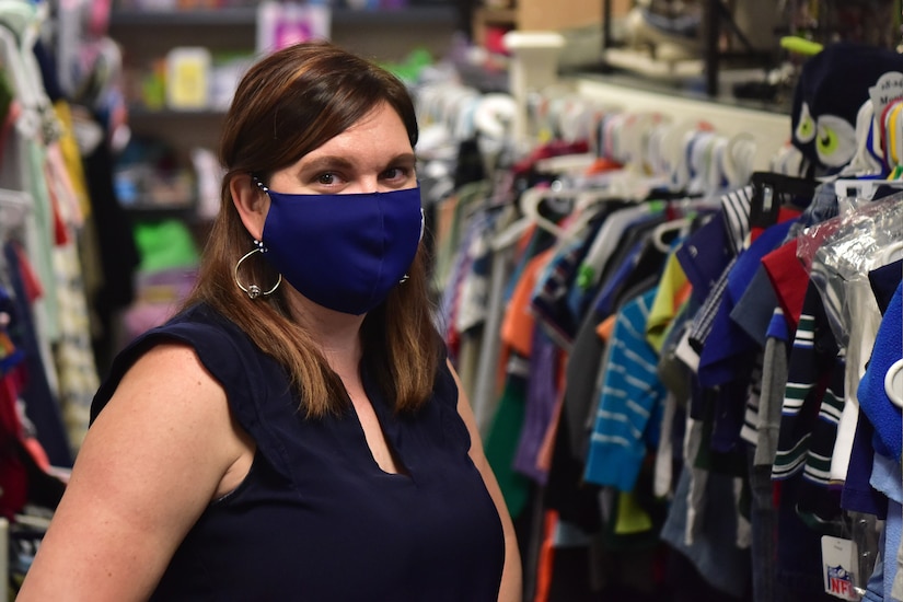 Courtney Blackwell, lead volunteer at Joint Base Charleston’s Airman’s Attic, poses for a picture in South Carolina, Oct. 7, 2020. Blackwell works with a team of volunteers to provide service members an opportunity to obtain uniform items, clothing items, non-perishable foods, and kitchen utensils free of charge.