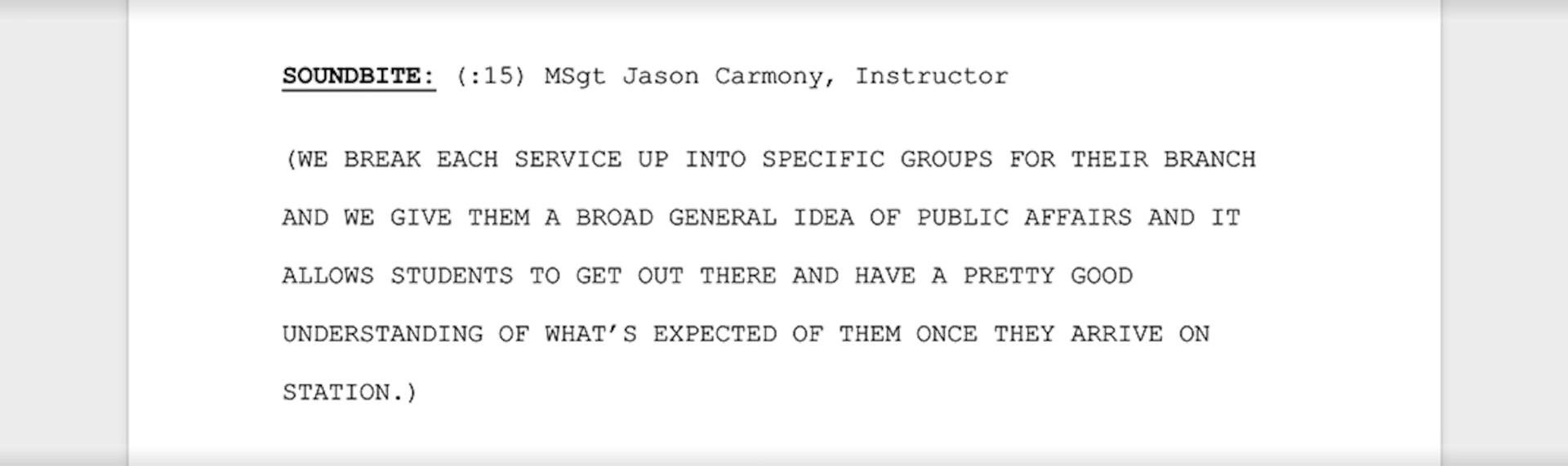 Image of the soundbite section of the template filled in with sample soundbite transcript.