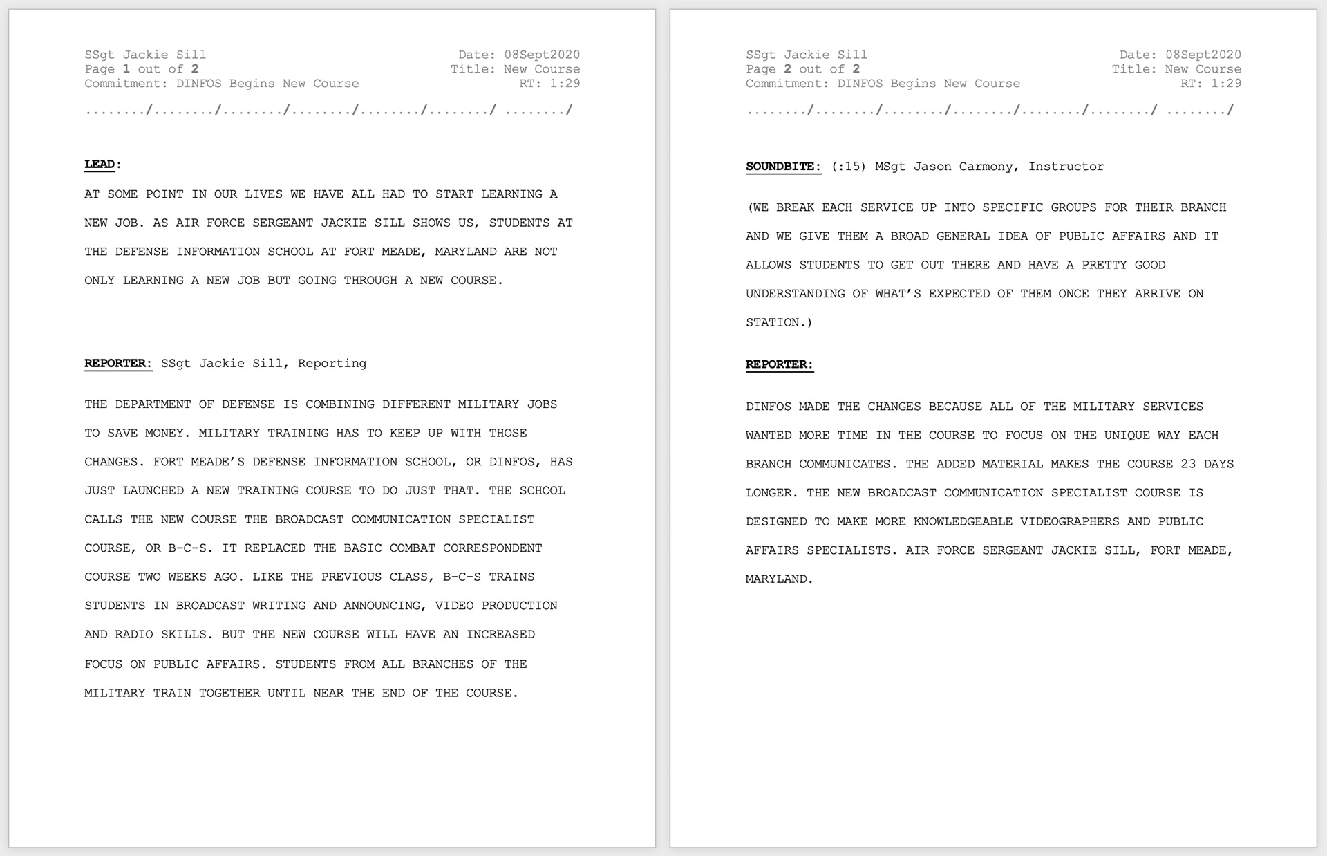 Screenshot of completed video script template filled in with sample content.