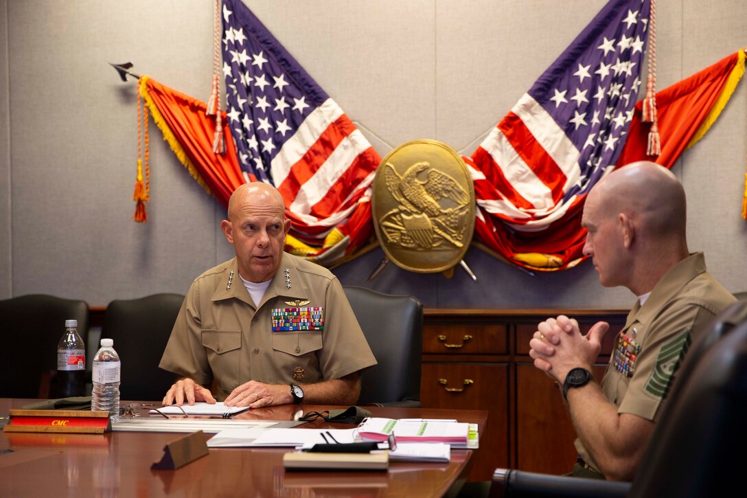 The 38th Commandant of the Marine Corps, Gen. David H. Berger, speaks at the annual Sergeant Major of the Marine Corps Symposium in Washington DC, Oct. 7, 2020. The symposium gives Sgt. Maj. of the Marine Corps Troy E. Black a platform to directly address sergeants major and other senior enlisted advisors (SEA), to include master gunnery sergeants and Navy command master chiefs, who serve general officers, on important and emerging topics in the Marine Corps. The event was conducted virtually this year as a safety precaution due to the coronavirus pandemic. (U.S. Marine Corps photo by Sgt. Victoria Ross)