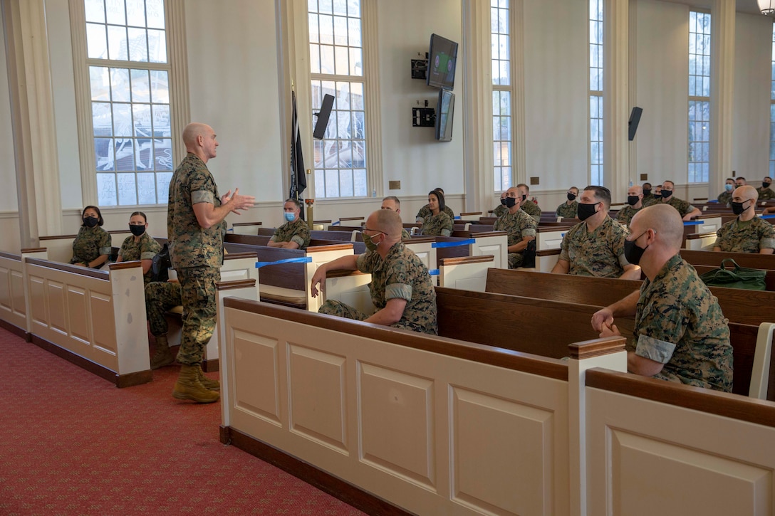 The 19th Sergeant Major of the Marine Corps, Sgt. Maj. Troy E. Black addresses master sergeants and first sergeants at the E-8 regional seminar held at Marine Corps base Quantico, VA, Oct. 5, 2020. The Sgt. Maj. of the Marine Corps discussed his priorities for the coming year. The seminar provides staff non-commissioned officers with the necessary tools to execute tasks at their staff level. (U.S. Marine Corps photo by Sgt. Victoria Ross)
