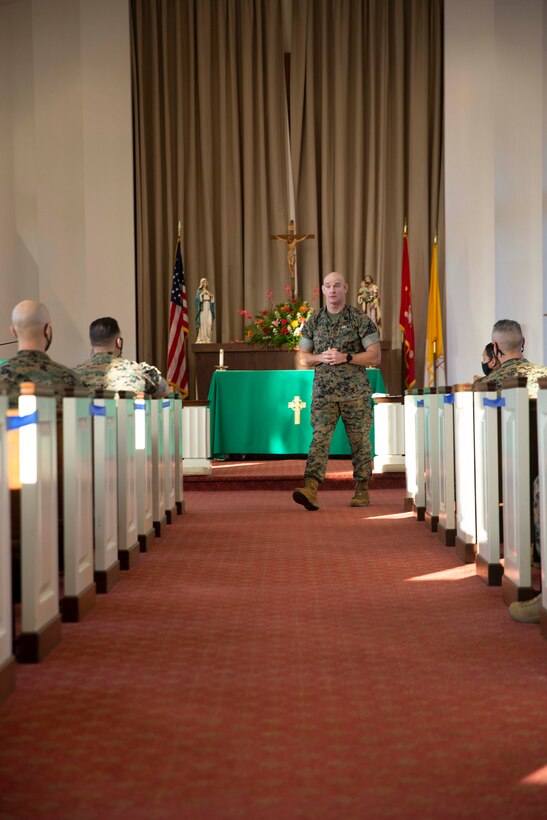 The 19th Sergeant Major of the Marine Corps, Sgt. Maj. Troy E. Black addresses master sergeants and first sergeants at the E-8 regional seminar held at Marine Corps base Quantico, VA, Oct. 5, 2020. The Sgt. Maj. of the Marine Corps discussed his priorities for the coming year. The seminar provides staff non-commissioned officers with the necessary tools to execute tasks at their staff level. (U.S. Marine Corps photo by Sgt. Victoria Ross)