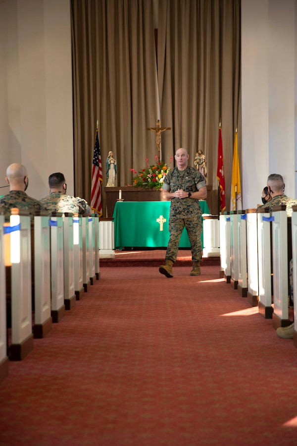 The 19th Sergeant Major of the Marine Corps, Sgt. Maj. Troy E. Black addresses master sergeants and first sergeants at the E-8 regional seminar held at Marine Corps base Quantico, VA, Oct. 5, 2020. The Sgt. Maj. of the Marine Corps discussed his priorities for the coming year. The seminar provides staff non-commissioned officers with the necessary tools to execute tasks at their staff level. (U.S. Marine Corps photo by Sgt. Victoria Ross)