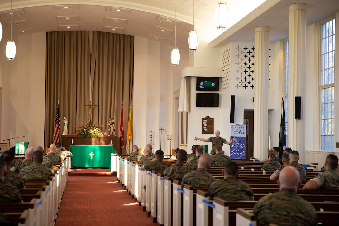 The 19th Sergeant Major of the Marine Corps, Sgt. Maj. Troy E. Black addresses master sergeants and first sergeants at the E-8 regional seminar held at Marine Corps base Quantico, VA, Oct. 5, 2020. The Sgt. Maj. of the Marine Corps discussed his priorities for the coming year. The seminar provides staff non-commissioned officers with the necessary tools to execute tasks at their staff level. (U.S. Marine Corps photo by Sgt. Victoria Ross)