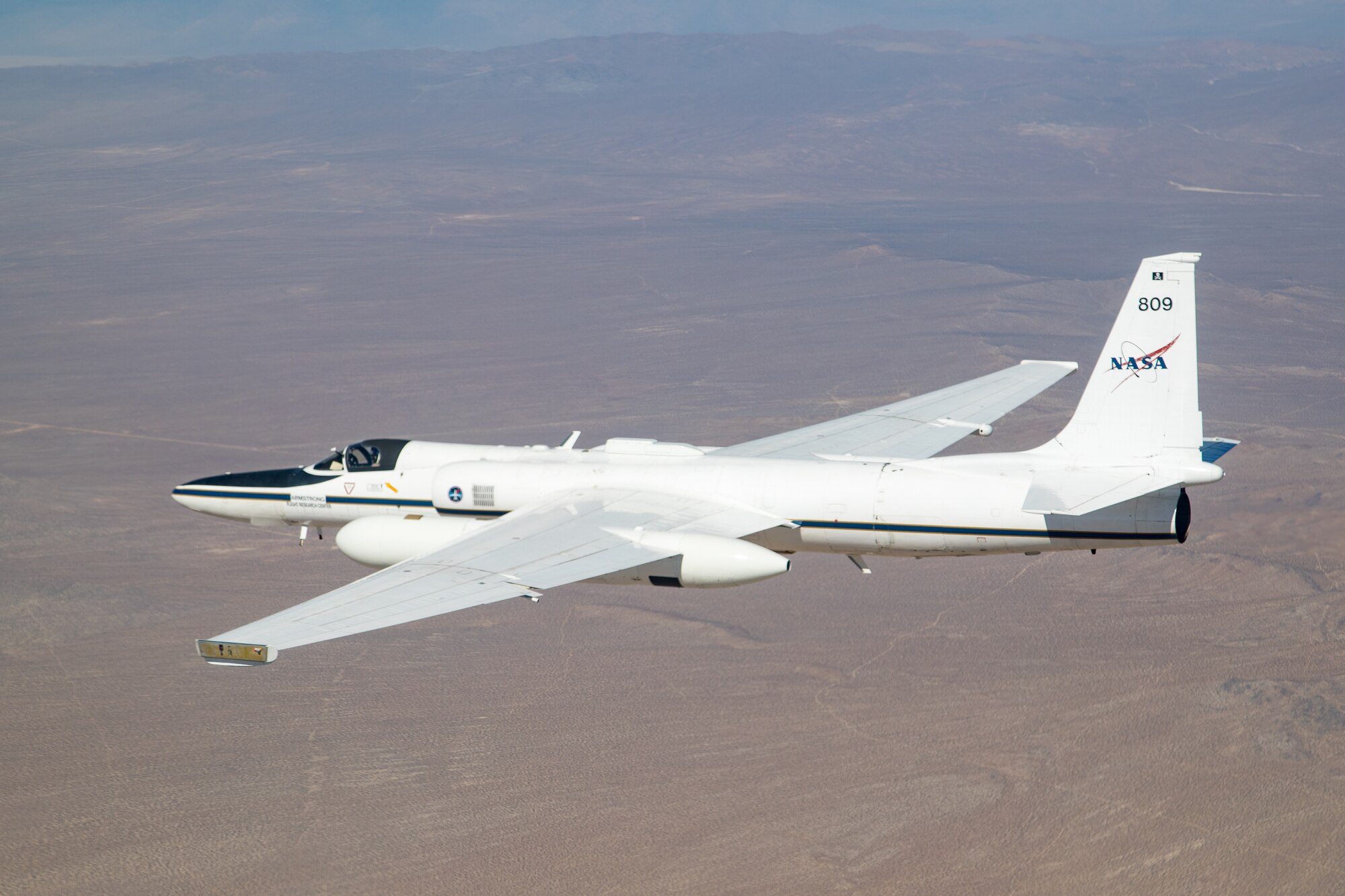 NASA Armstrong Flight Research Center ER-2 aircraft flies over the Mojave Desert during 2020 Aerospace Valley Air Show at Edwards Air Force Base, Oct. 10. (Air Force photo by Christian Turner