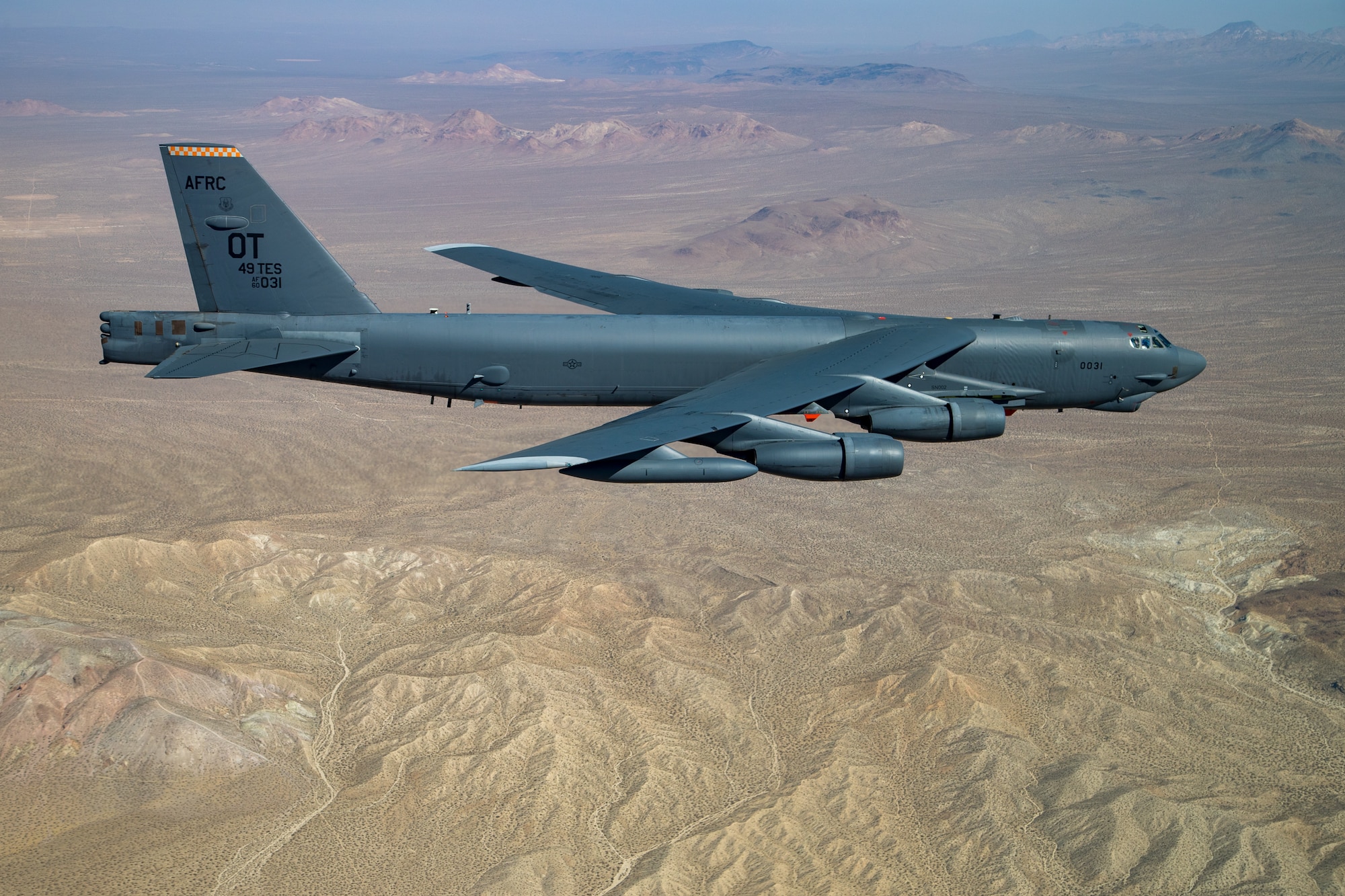 A B-52 Stratofortress flies over the Mojave Desert during the during the 2020 Aerospace Valley Air Show at Edwards Air Force Base, California, Oct. 10. (Air Force photo by Christian Turner)