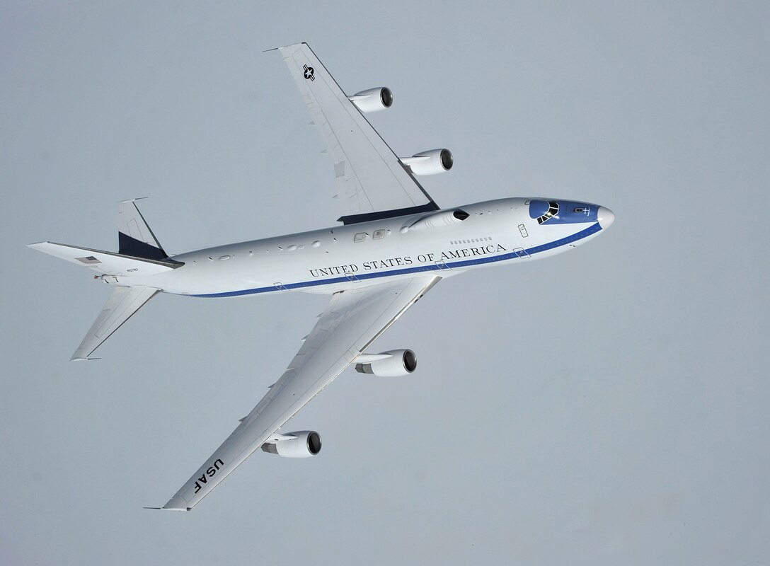 An Air Force E-4B flies over the Canadian Pacific Coast April 10, 2014. (U.S. Air Force photo by Senior Airman Mary O'Dell)
