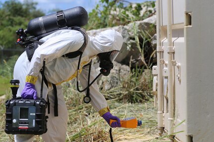 A member of the Guam National Guard's 94th Civil Support Team trains to detect unknown hazards at the Barrigada Readiness Complex Oct. 14, 2020.