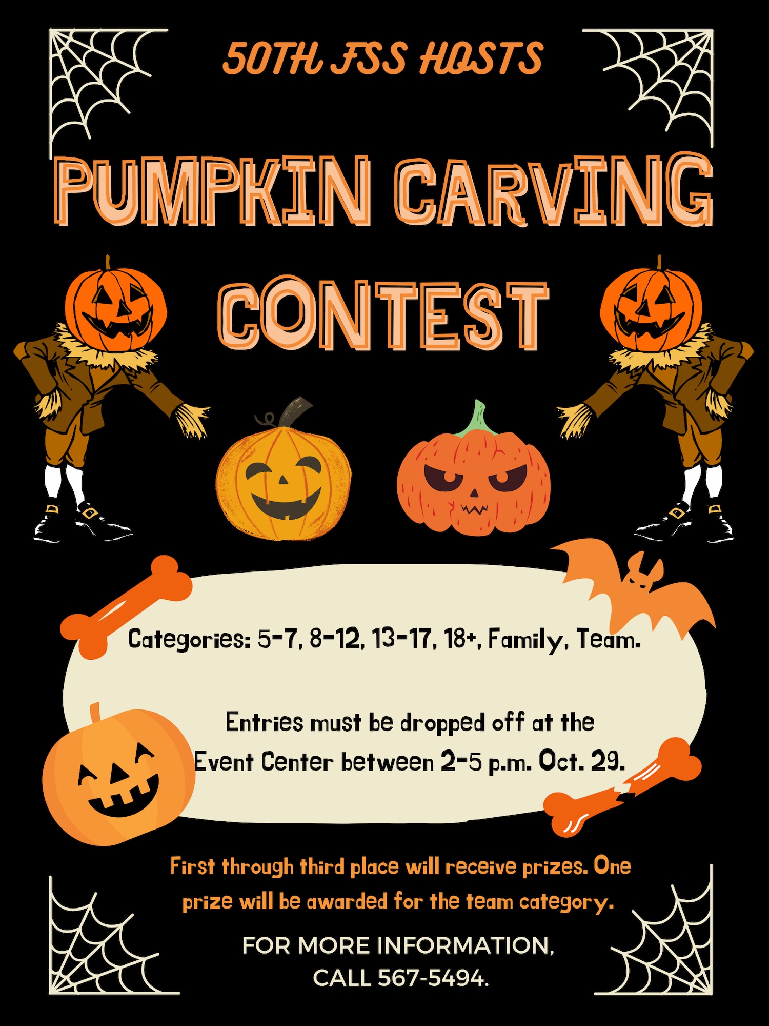 The 50th Force Support Squadron is scheduled to host a pumpkin carving contest Oct. 29, 2020, at Schriever Air Force Base, Colorado. Pumpkins can be picked up at the Child Development Center on Monday. Pumpkins must be dropped off at the Event Center between 2-5 p.m. Oct. 29. The contest will have multiple categories including ages 5-7, 8-12, 13-17, 18 and older, family and team. Prizes will be awarded for first through third place in all categories except for team, which will only have a first place winner. All entries in the event will be displayed in the 50th FSS’s Jack-O’-Lantern Jubilee, which takes place from 3-5 p.m. Oct. 30 at Bldg. 20. (U.S. Space Force graphic by Marcus Hill)
