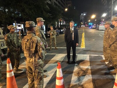 Secretary of the Army Ryan D. McCarthy meets with Army National Guard Soldiers that were activated to protect citizens and infrastructure as people protested in Washington, D.C., June 6, 2020.