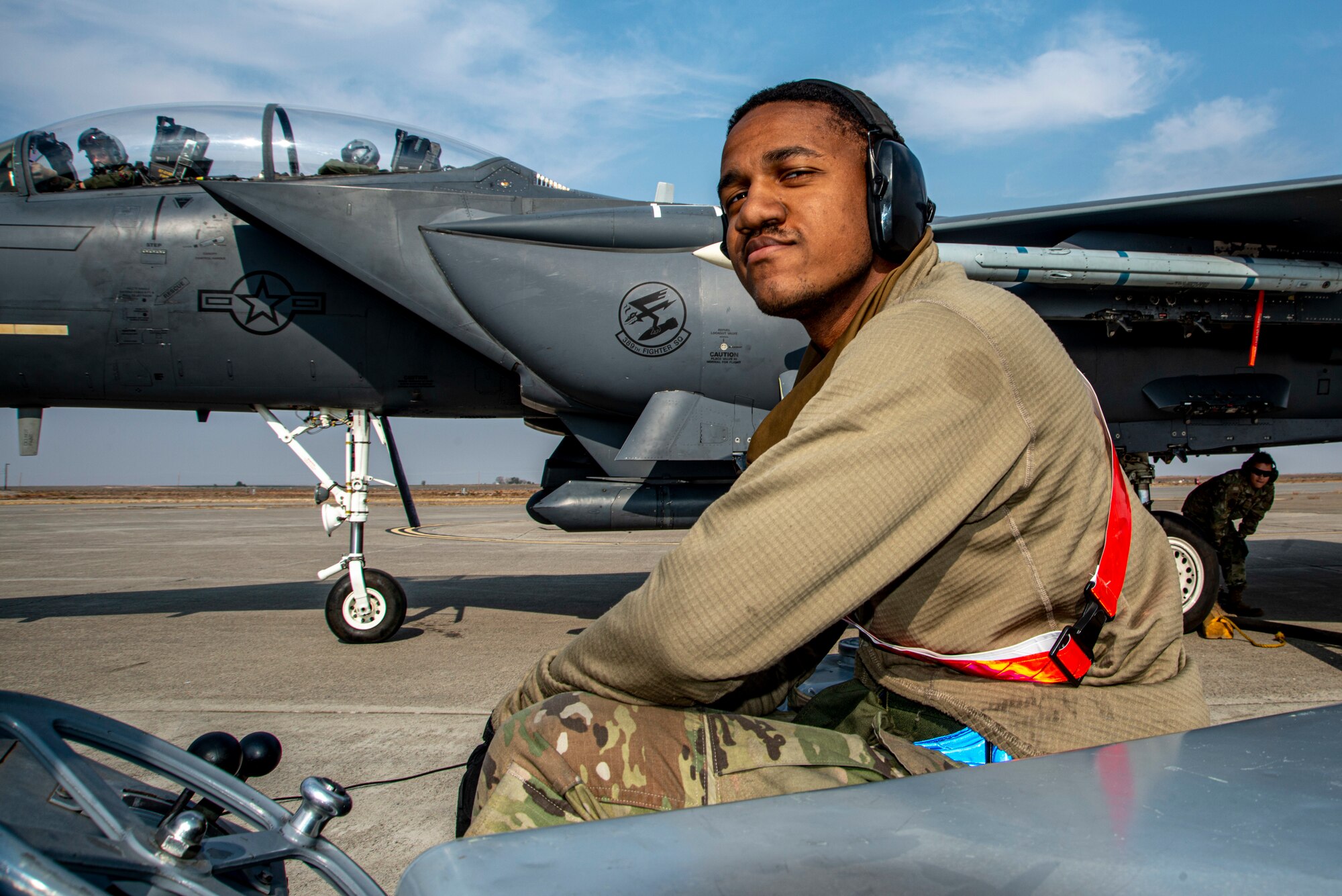 Airman 1st Class Isaac Hunn, 389th Fighter Squadron weapons load-crew member, operates a weapons jammer during an Integrated Combat Turn exercise at Mountain Home Air Force Base, Idaho, Oct. 7, 2020. ICTs are a rapid re-arming and refueling practice where both fuels and weapons troops work side-by-side to turn aircraft around and get them back into the skies. (U.S. Air Force photo by Senior Airman JaNae Capuno)