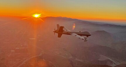 An MQ-9 Reaper remotely piloted aircraft flown by 163d Attack Wing pilot Lt. Col. Paul Brockmeier, with sensor operator Master Sgt. Anthony Martinez, views the smoky San Gabriel Mountains of southern California in transit to a fire mission in northern California, late August 2020.
