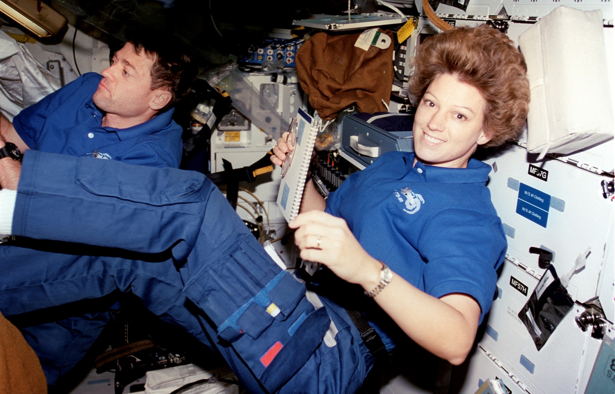 Picture of astronaut Eileen Collins in zero gravity.