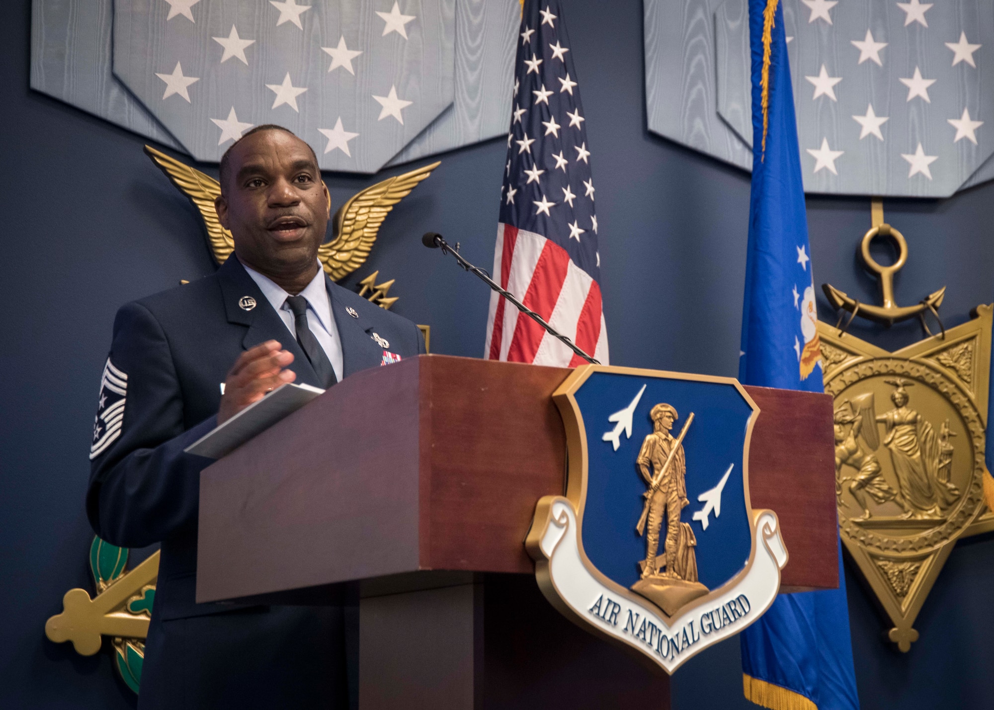 U.S. Air Force Chief Master Sgt. Maurice L. Williams, the 13th Air National Guard (ANG) command chief, speaks during an assumption of responsibility ceremony hosted by Lt. Gen. Michael A. Loh, ANG director, at the Pentagon in Arlington, Va., Oct. 9, 2020. As ANG command chief, Williams represents the highest level of ANG enlisted leadership and serves as Loh’s principal adviser for all matters influencing the health, morale and welfare of enlisted personnel. (U.S. Air National Guard photo by Tech. Sgt. Morgan R. Lipinski)