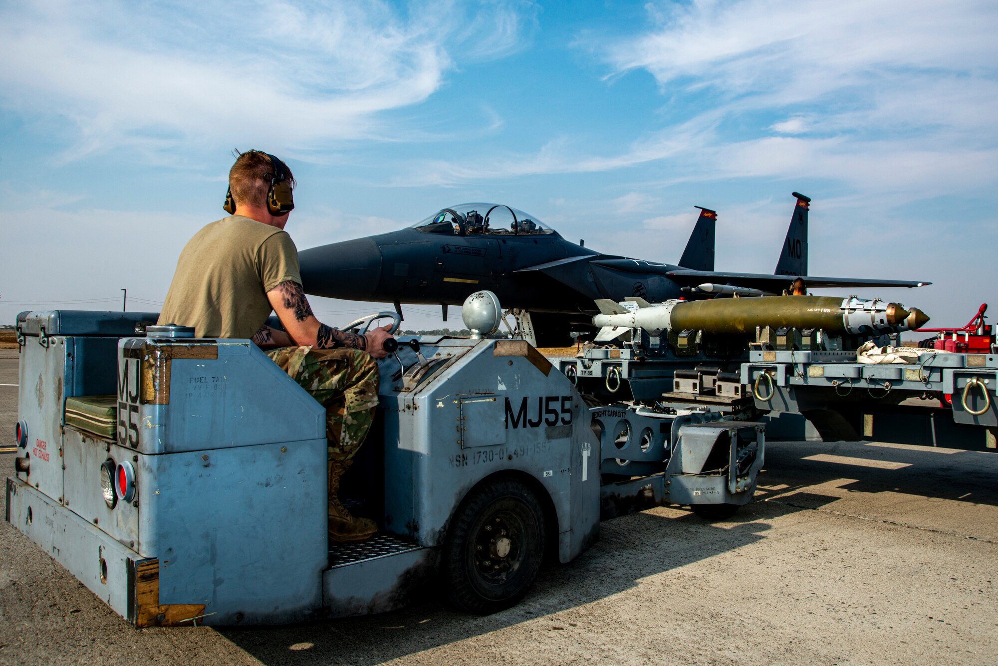 Airman 1st Class Noah Jackson, 389th Fighter Squadron weapons load crew member, operates a weapons jammer during an Integrated Combat Turn exercise at Mountain Home Air Force Base, Idaho, Oct. 7, 2020. ICTs are a rapid re-arming and refueling practice where both fuels and weapons troops work side-by-side to turn aircraft around and get them back into the skies. (U.S. Air Force photo by Senior Airman JaNae Capuno)