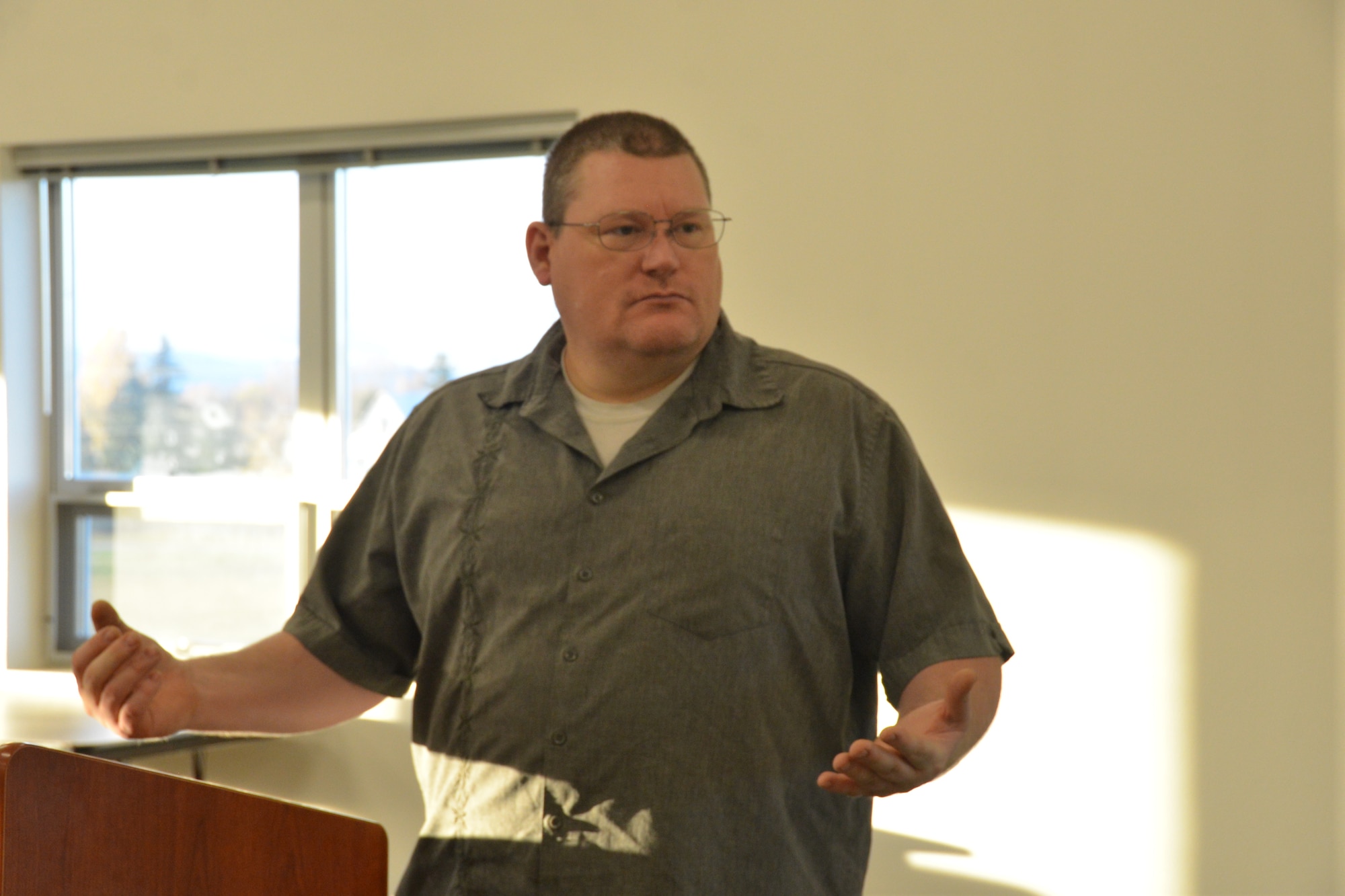 Kevin Rodgers, a 477th Fighter Group Emergency Management Specialist stands in front of a classroom, Oct. 4, 2020.