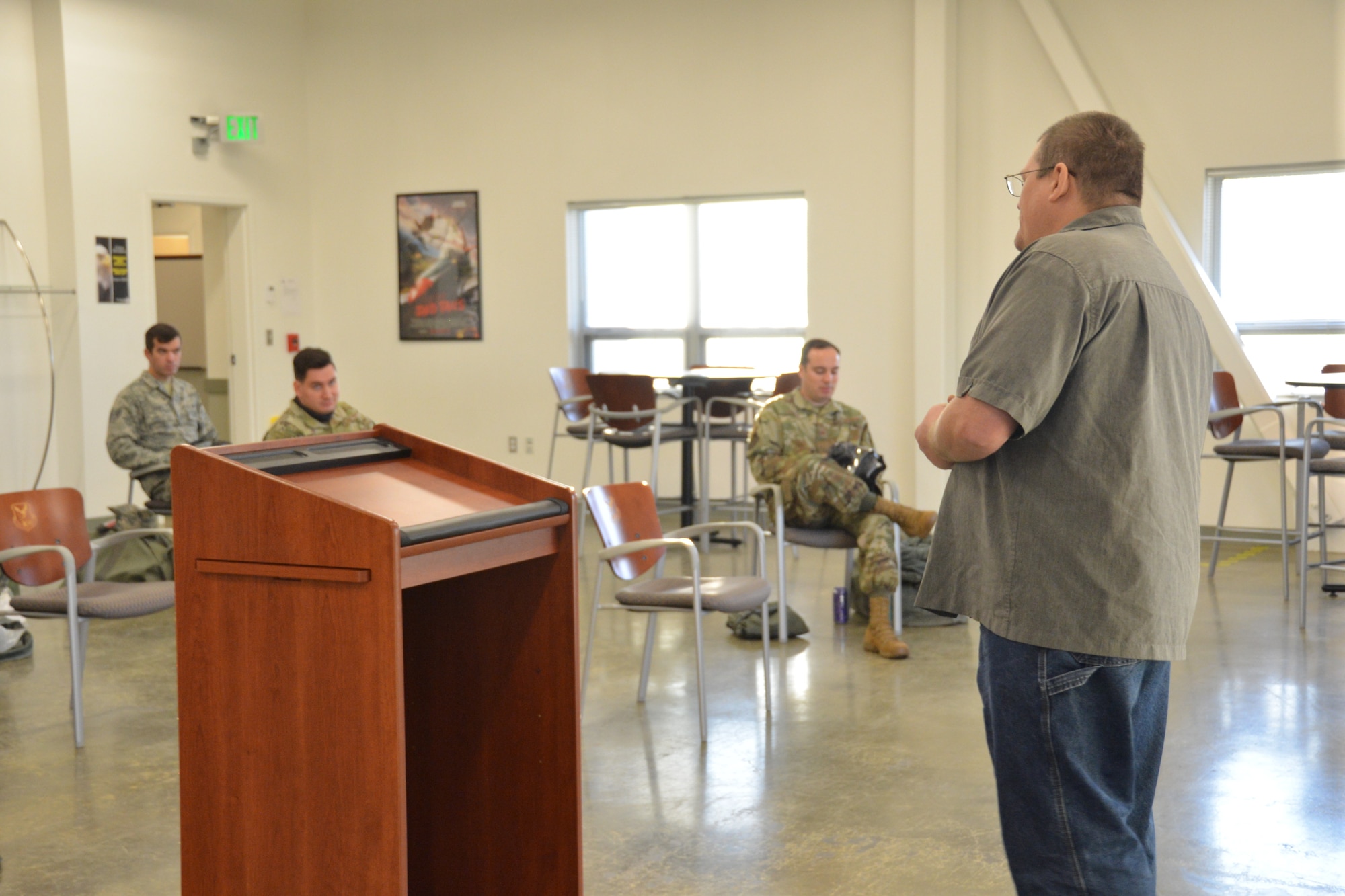 Kevin Rodgers, an Emergency Management Specialist stands before a socially distanced classroom at the 477th Fighter Group, Oct. 4, 2020.