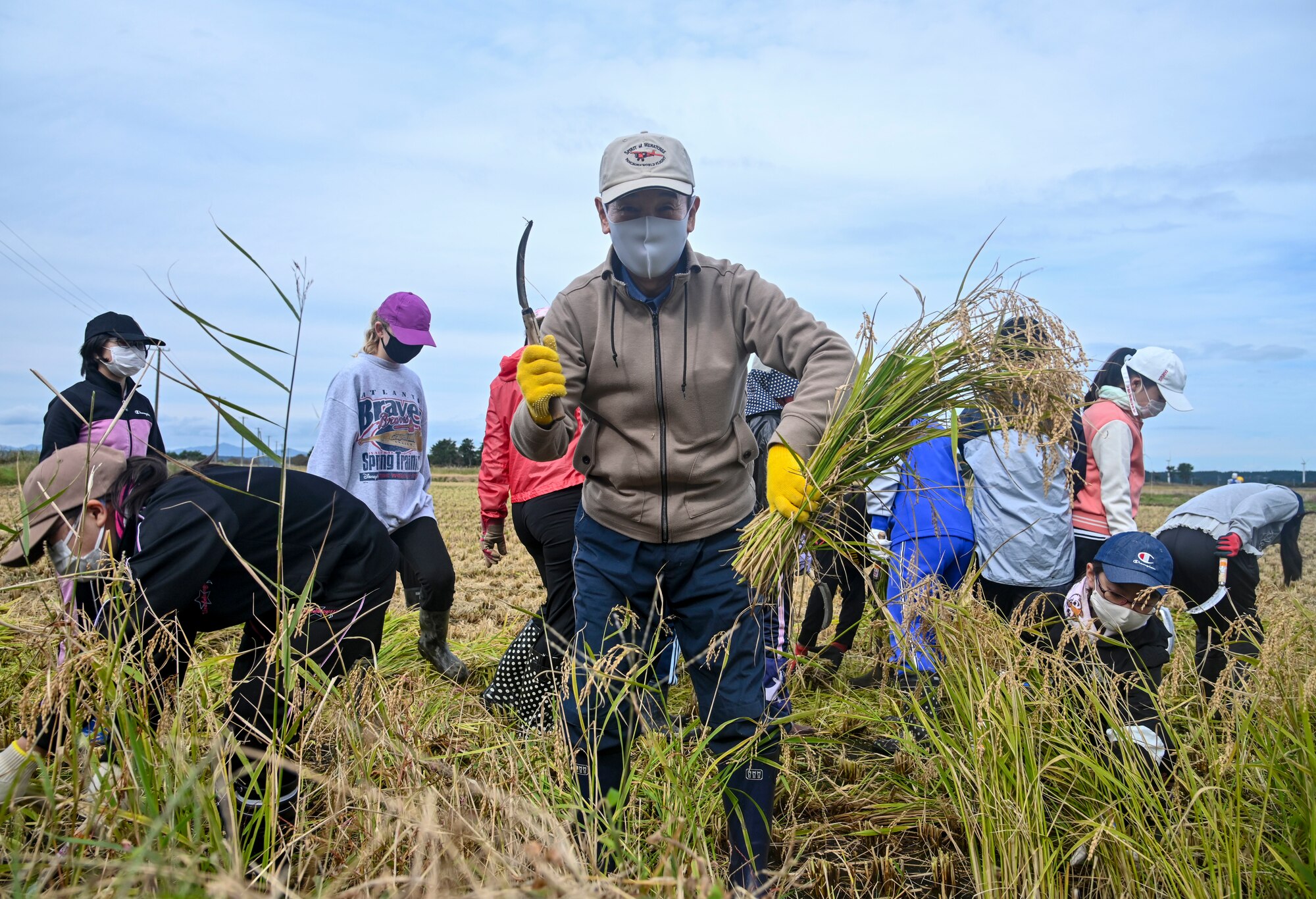 Misawa Mayor Yoshinori Kohiyama poses for a photo during a community relations event in Misawa City, Japan, Oct. 8, 2020. Kohiyama and U.S. Air Force Col. Jesse J. Friedel, 35th Fighter Wing commander, joined students from Oozora Elementary School to harvest rice. (U.S. Air Force photo by Tech. Sgt. Timothy Moore)