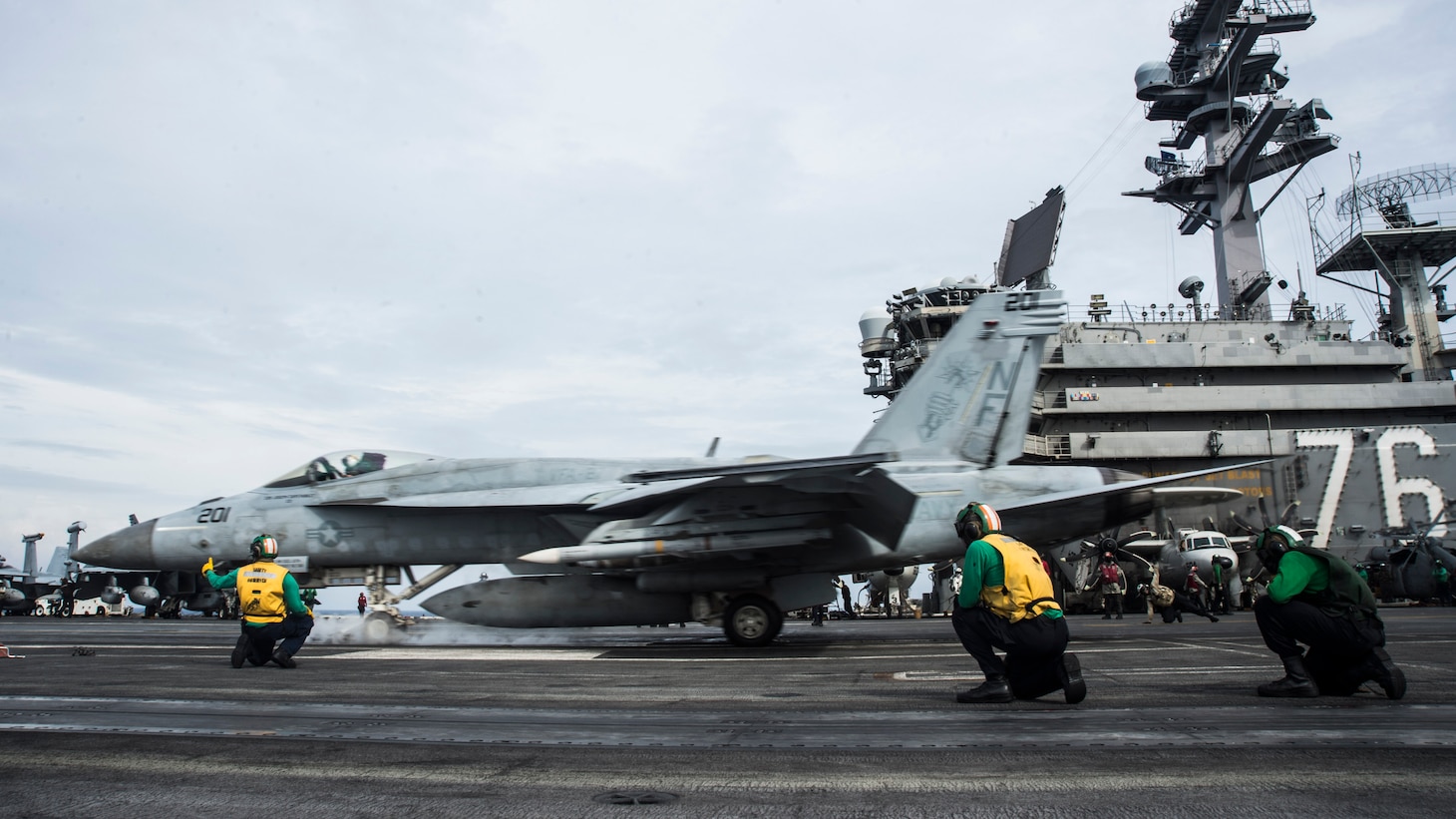An F/A-18E assigned to the “Royal Maces” of Strike Fighter Squadron (VFA) 27 launches off the flight deck of the aircraft carrier USS Ronald Reagan (CVN 76) while conducting security and stability operations in the South China Sea. Ronald Reagan, the flagship of Carrier Strike Group 5, provides a combat-ready force that protects and defends the U.S. as well as the collective maritime interests of its allies and partners in the Indo-Pacific.