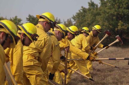 Kansas Army and Air National Guard students practice line-digging techniques during the field training day portion of the Wildland Firefighting Red Card Certification Course  at the Great Plains Regional Training Center in Salina Sept. 17, 2020. The objective of the course, which was made possible through a partnership between the Kansas National Guard and the Kansas Forest Service, was to increase statewide wildland firefighting capabilities by certifying Guard members across the state to respond to wildfires.