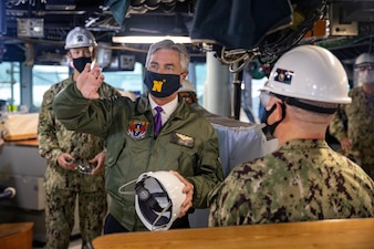 Secretary of the Navy (SECNAV) Kenneth J. Braithwaite speaks with Sailors assigned to the Arleigh Burke-class guided-missile destroyer USS Milius (DDG 69) during a visit to Commander, Fleet Activities Yokosuka (CFAY).